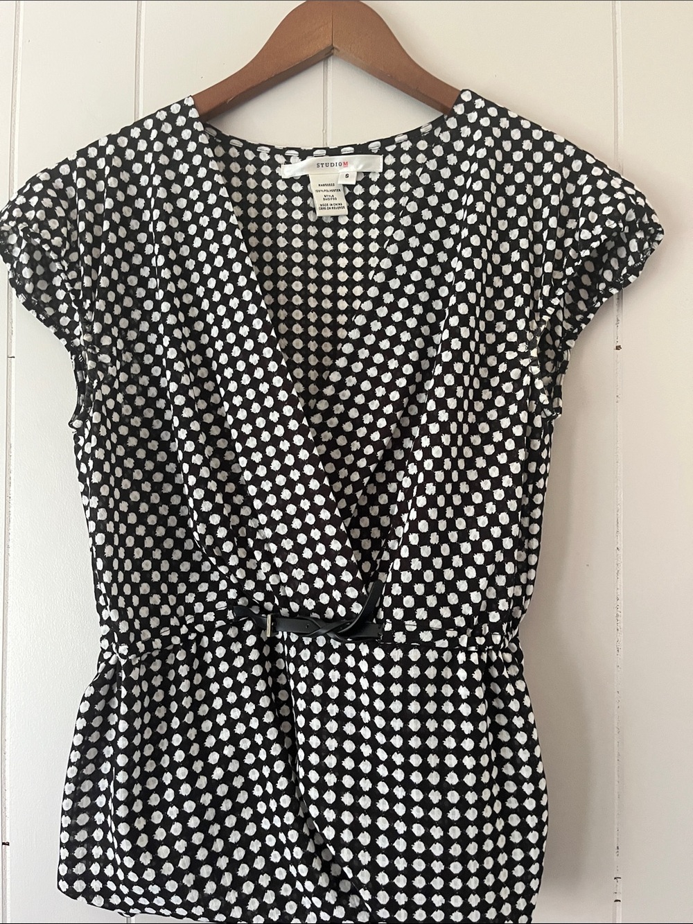 Studio M Black and White Polka Dot Faux-Wrap Midi Dress